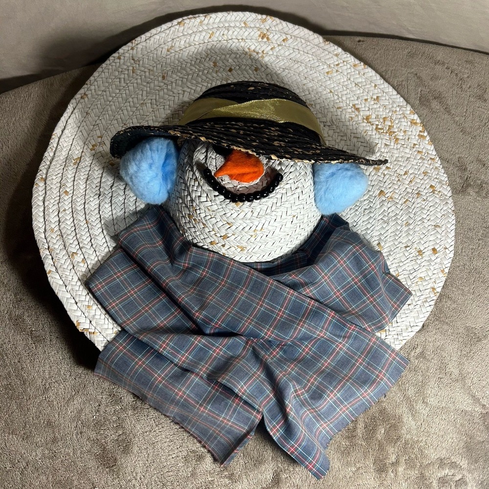 Handmade Straw Hat Snowman Christmas Wall Door Hanging Plaid Scarf 18"